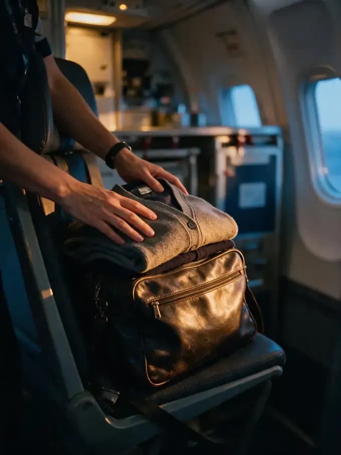 Flight attendant stowing a bag in the overhead bin